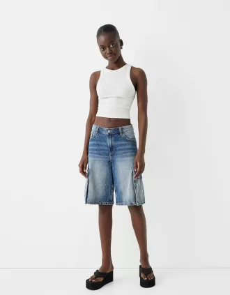 Bermude largi din denim cargo