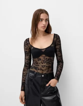 Body Disney Bambi din dantela neagra cu maneca lunga