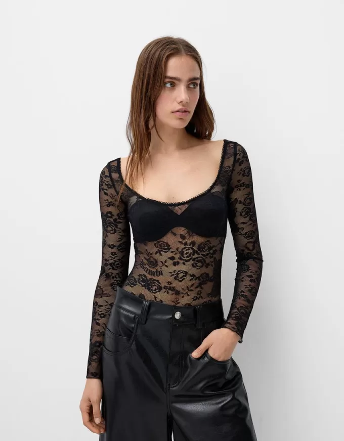Body Disney Bambi din dantela neagra cu maneca lunga