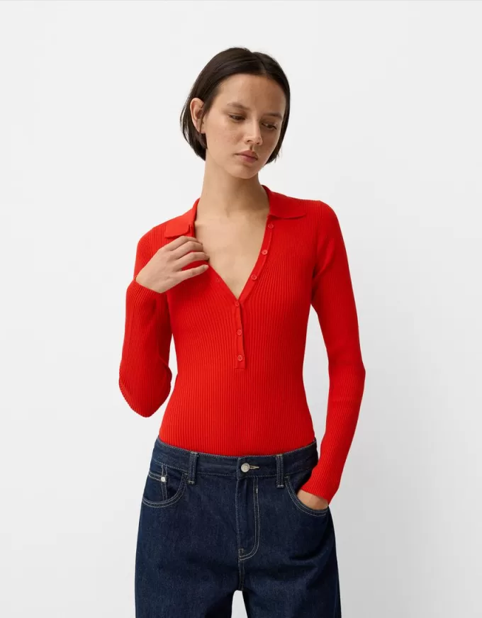 Body cu mânecă lungă decupată cu guler polo Body cu mânecă lungă decupată cu guler polo