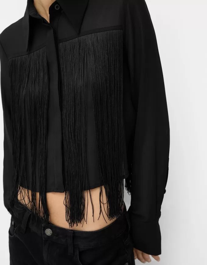 Camasa din sifon cu maneca lunga, cu franjuri Camasa din sifon cu maneca lunga, cu franjuri