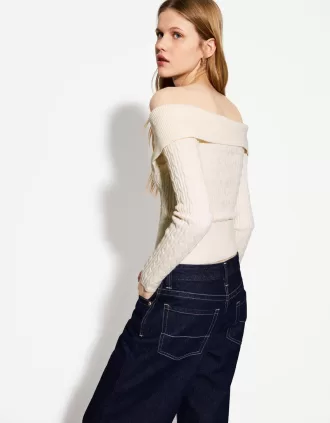 Cardigan Bardot din tricot cablu cu fermoar