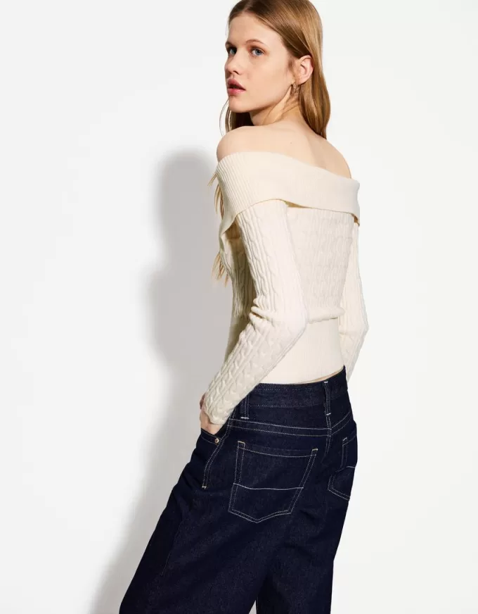 Cardigan Bardot din tricot cablu cu fermoar Cardigan Bardot din tricot cablu cu fermoar