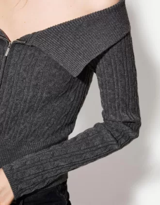 Cardigan Bardot din tricot cablu cu fermoar