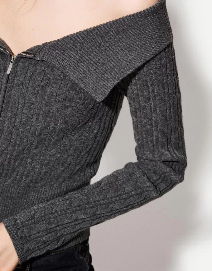 Cardigan Bardot din tricot cablu cu fermoar Cardigan Bardot din tricot cablu cu fermoar