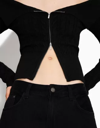 Cardigan Bardot din tricot cablu cu fermoar
