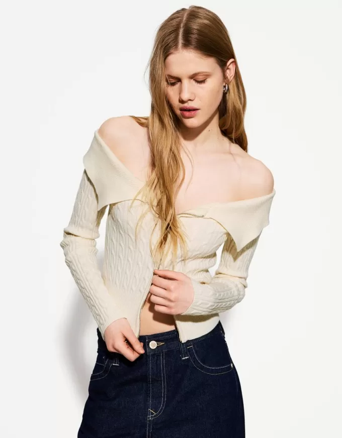 Cardigan Bardot din tricot cablu cu fermoar Cardigan Bardot din tricot cablu cu fermoar