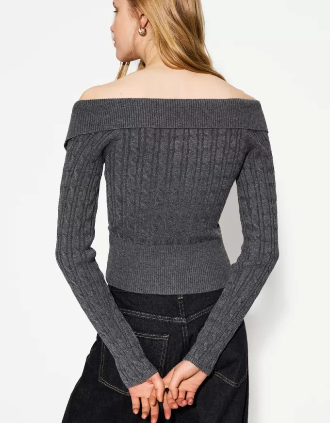 Cardigan Bardot din tricot cablu cu fermoar Cardigan Bardot din tricot cablu cu fermoar