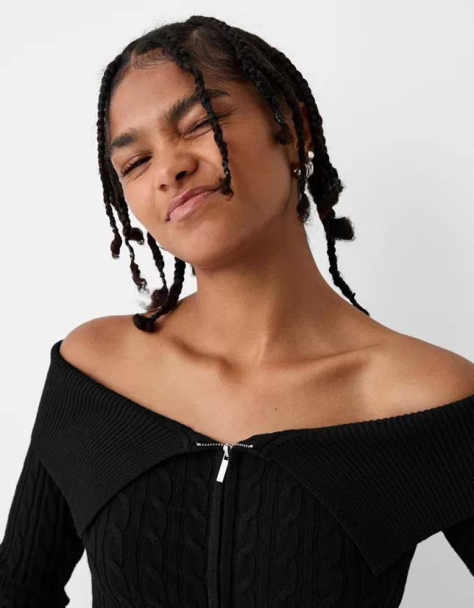 Cardigan Bardot din tricot cablu cu fermoar Cardigan Bardot din tricot cablu cu fermoar