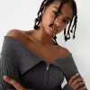 Cardigan Bardot din tricot cablu cu fermoar Cardigan Bardot din tricot cablu cu fermoar