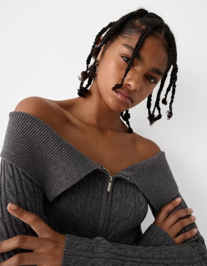 Cardigan Bardot din tricot cablu cu fermoar Cardigan Bardot din tricot cablu cu fermoar