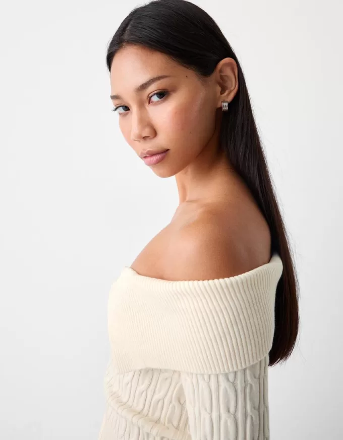 Cardigan Bardot din tricot cablu cu fermoar Cardigan Bardot din tricot cablu cu fermoar