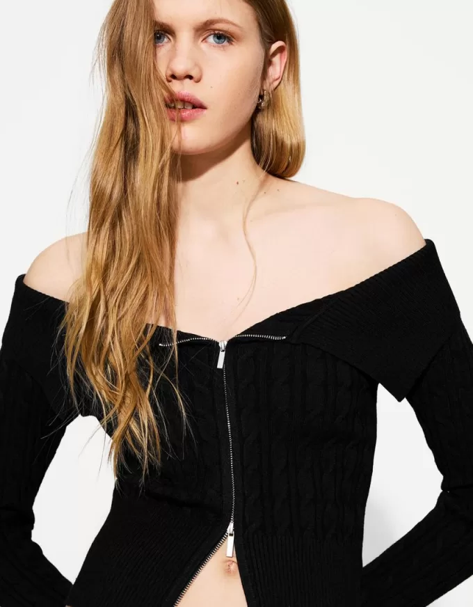 Cardigan Bardot din tricot cablu cu fermoar Cardigan Bardot din tricot cablu cu fermoar