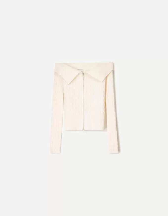 Cardigan Bardot din tricot cablu cu fermoar Cardigan Bardot din tricot cablu cu fermoar