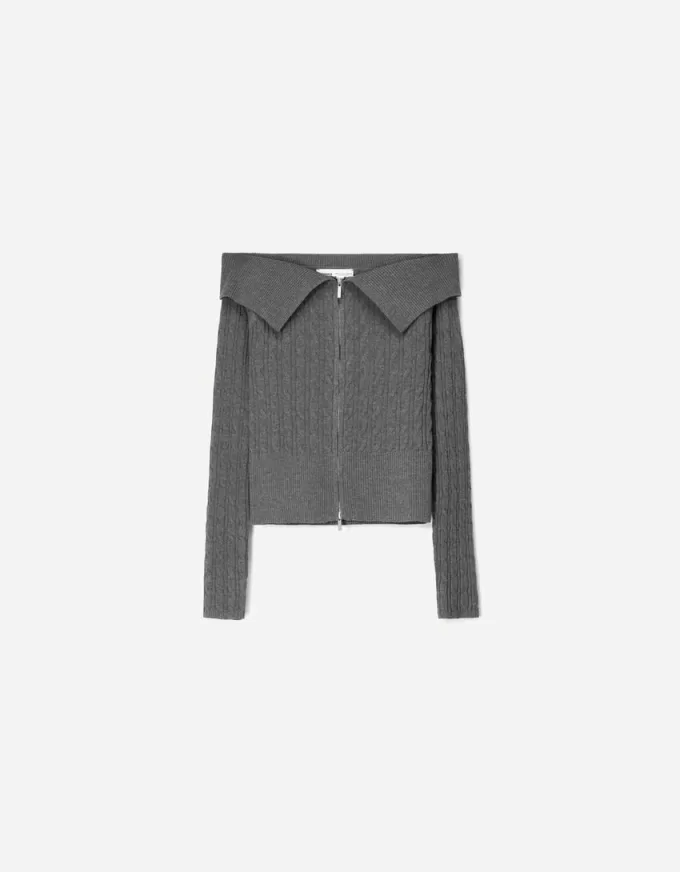 Cardigan Bardot din tricot cablu cu fermoar Cardigan Bardot din tricot cablu cu fermoar