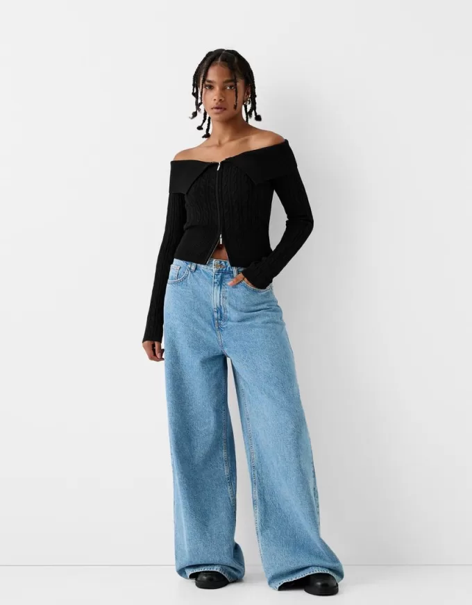 Cardigan Bardot din tricot cablu cu fermoar Cardigan Bardot din tricot cablu cu fermoar