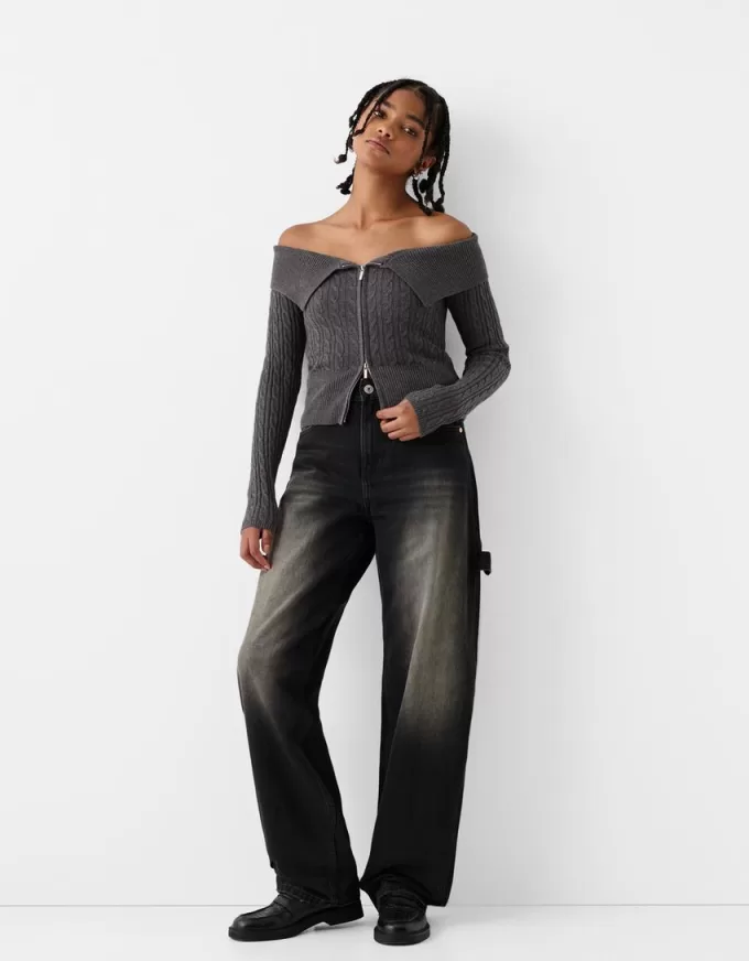 Cardigan Bardot din tricot cablu cu fermoar Cardigan Bardot din tricot cablu cu fermoar