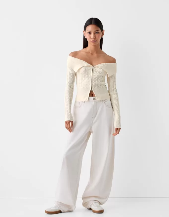 Cardigan Bardot din tricot cablu cu fermoar Cardigan Bardot din tricot cablu cu fermoar