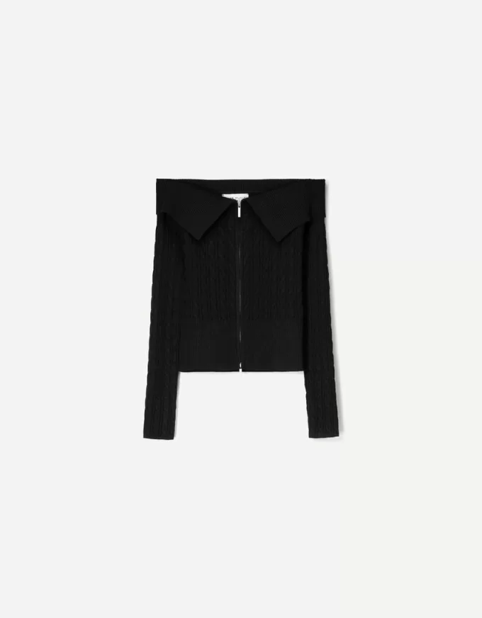 Cardigan Bardot din tricot cablu cu fermoar Cardigan Bardot din tricot cablu cu fermoar