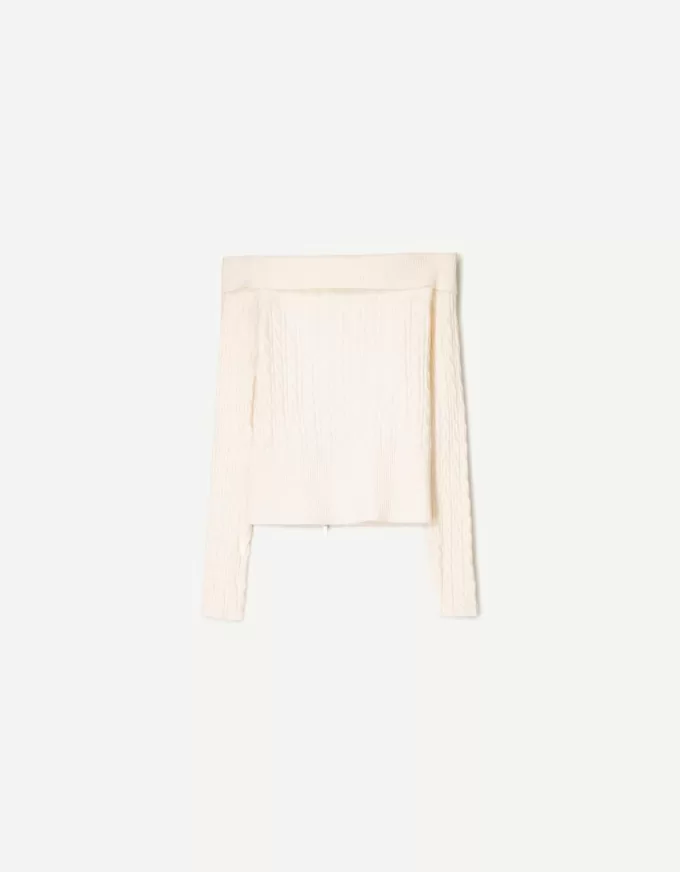 Cardigan Bardot din tricot cablu cu fermoar Cardigan Bardot din tricot cablu cu fermoar