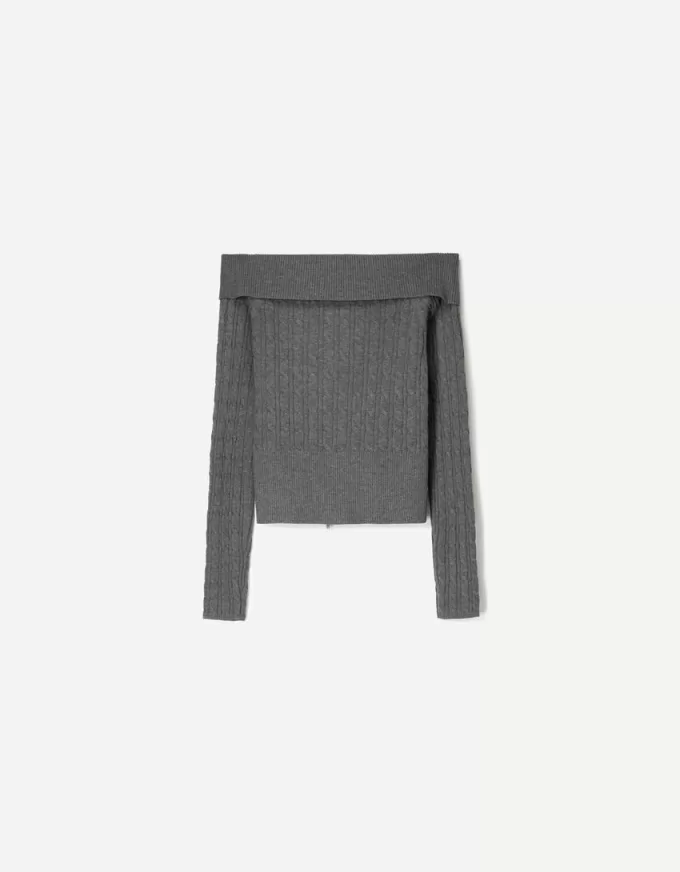 Cardigan Bardot din tricot cablu cu fermoar Cardigan Bardot din tricot cablu cu fermoar