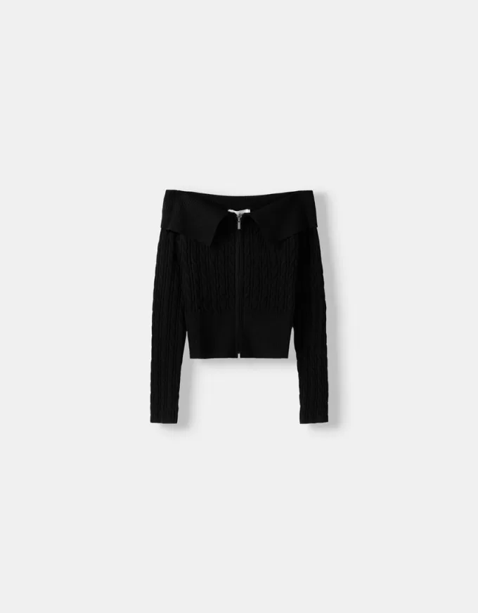Cardigan Bardot din tricot cablu cu fermoar Cardigan Bardot din tricot cablu cu fermoar