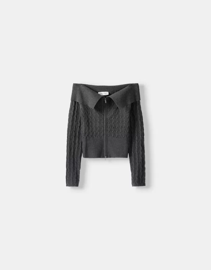 Cardigan Bardot din tricot cablu cu fermoar Cardigan Bardot din tricot cablu cu fermoar