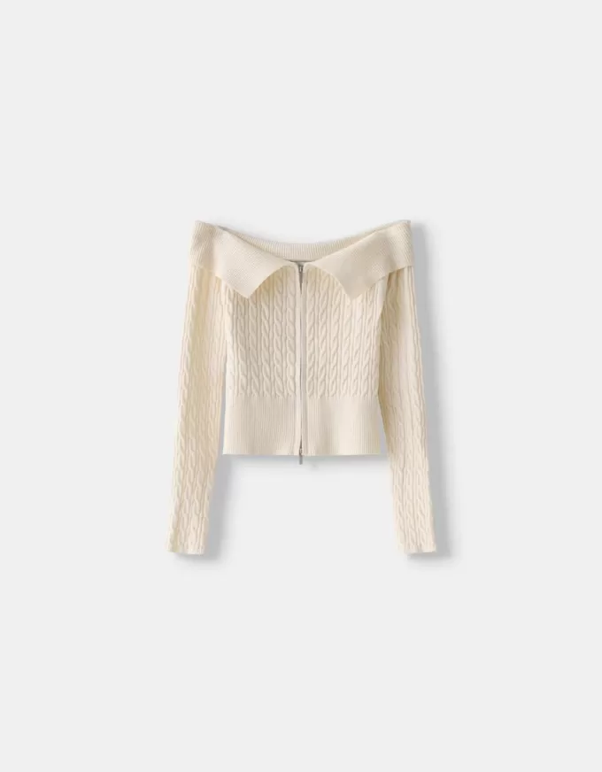 Cardigan Bardot din tricot cablu cu fermoar Cardigan Bardot din tricot cablu cu fermoar