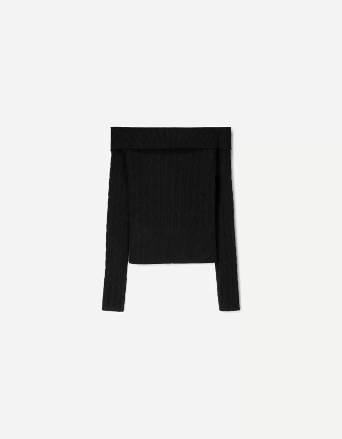 Cardigan Bardot din tricot cablu cu fermoar Cardigan Bardot din tricot cablu cu fermoar