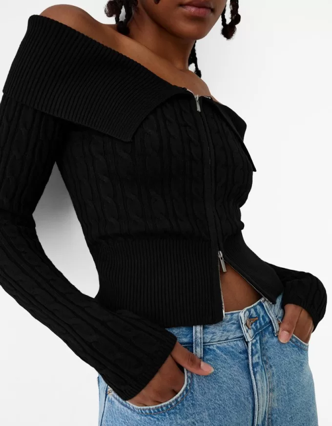 Cardigan Bardot din tricot cablu cu fermoar Cardigan Bardot din tricot cablu cu fermoar
