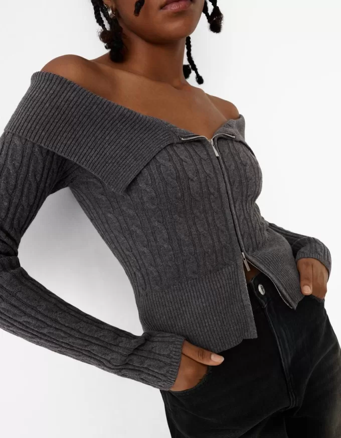 Cardigan Bardot din tricot cablu cu fermoar Cardigan Bardot din tricot cablu cu fermoar