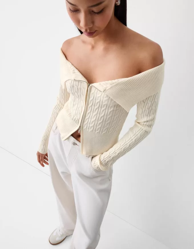 Cardigan Bardot din tricot cablu cu fermoar Cardigan Bardot din tricot cablu cu fermoar
