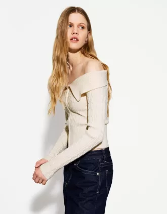 Cardigan Bardot din tricot cablu cu fermoar