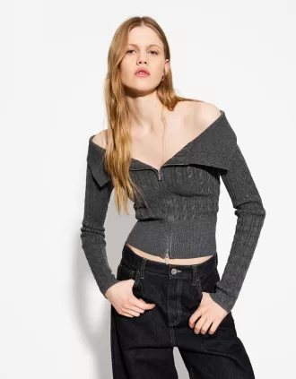 Cardigan Bardot din tricot cablu cu fermoar