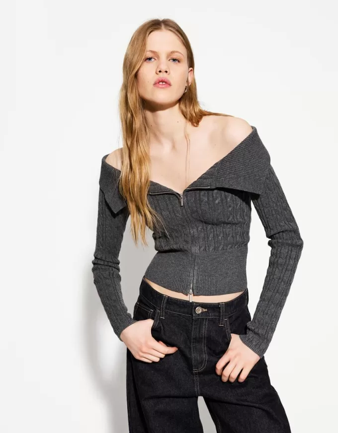 Cardigan Bardot din tricot cablu cu fermoar Cardigan Bardot din tricot cablu cu fermoar