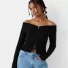 Cardigan Bardot din tricot cablu cu fermoar Cardigan Bardot din tricot cablu cu fermoar