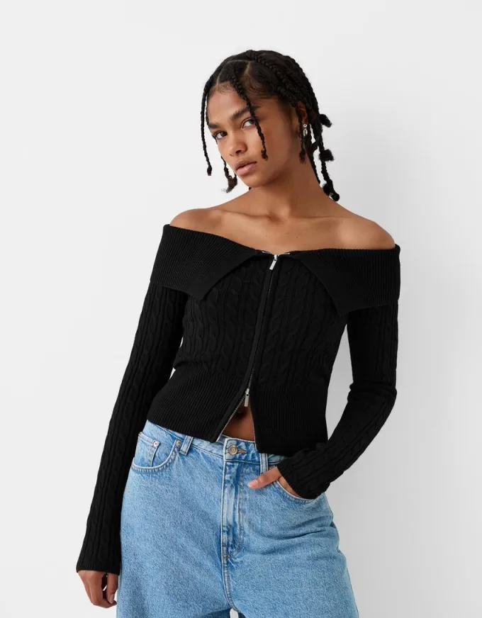 Cardigan Bardot din tricot cablu cu fermoar Cardigan Bardot din tricot cablu cu fermoar