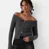 Cardigan Bardot din tricot cablu cu fermoar Cardigan Bardot din tricot cablu cu fermoar