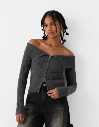 Cardigan Bardot din tricot cablu cu fermoar