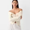 Cardigan Bardot din tricot cablu cu fermoar Cardigan Bardot din tricot cablu cu fermoar