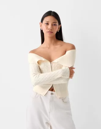 Cardigan Bardot din tricot cablu cu fermoar