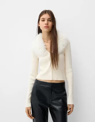 Cardigan cu decolteu în V cu blană artificială