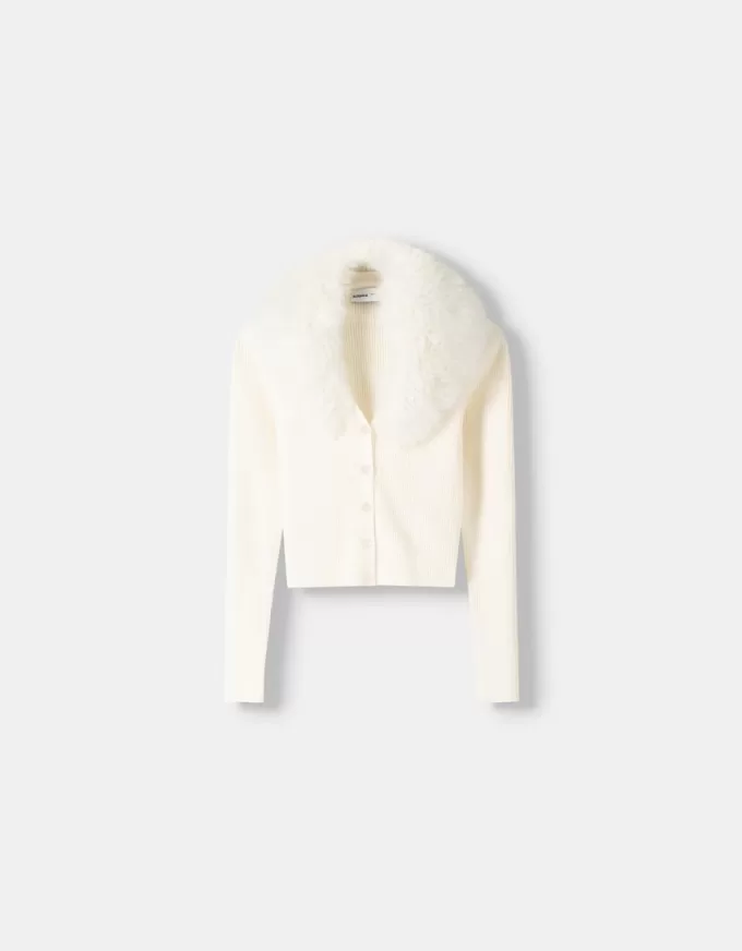 Cardigan cu decolteu în V cu blană artificială Cardigan cu decolteu în V cu blană artificială