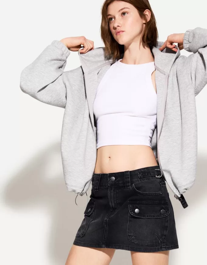 Fusta cargo din denim cu bretele Fusta cargo din denim cu bretele