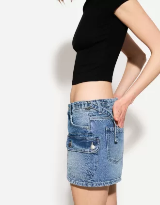 Fusta cargo din denim cu bretele