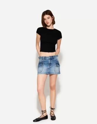 Fusta cargo din denim cu bretele