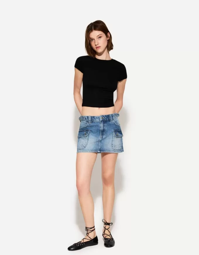 Fusta cargo din denim cu bretele Fusta cargo din denim cu bretele