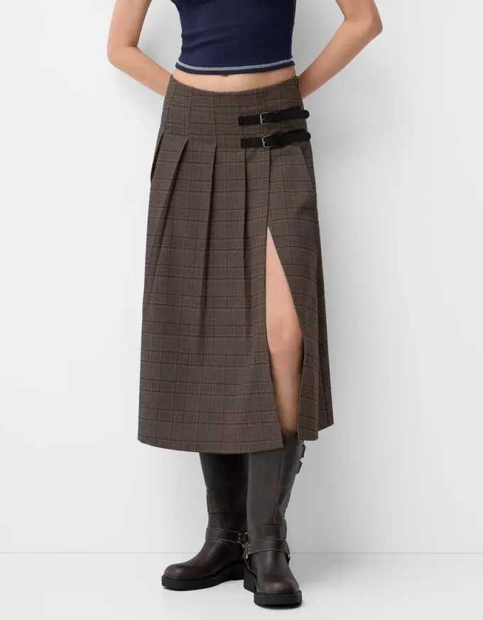 Fusta midi cu pliuri cutie cu detaliu curea Fusta midi cu pliuri cutie cu detaliu curea