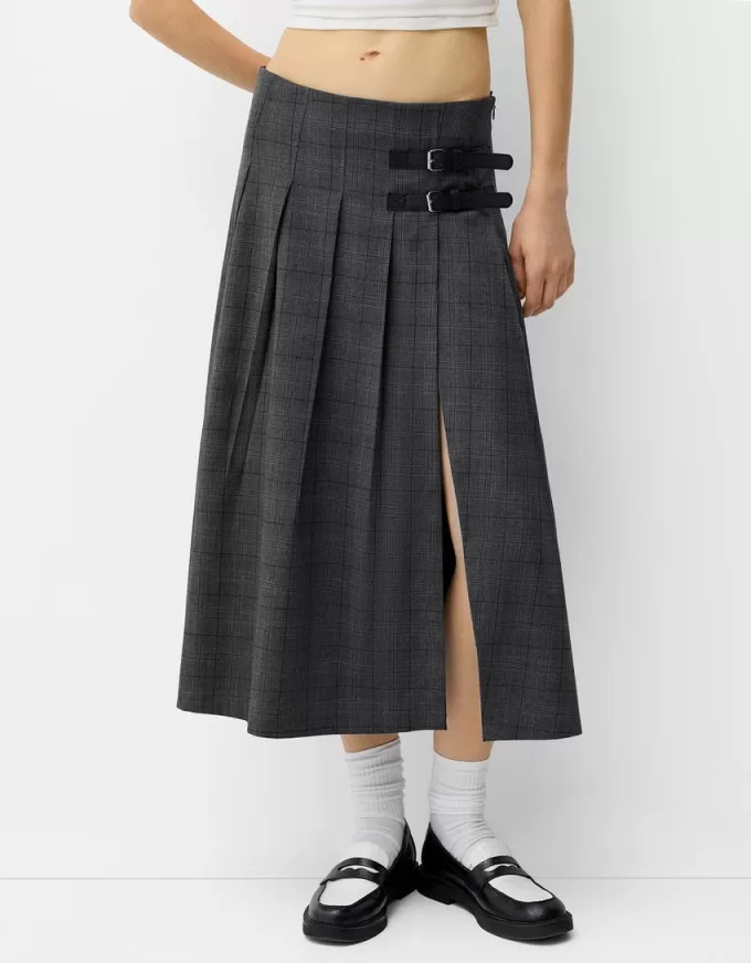 Fusta midi cu pliuri cutie cu detaliu curea Fusta midi cu pliuri cutie cu detaliu curea