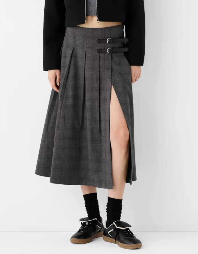 Fusta midi cu pliuri cutie cu detaliu curea Fusta midi cu pliuri cutie cu detaliu curea